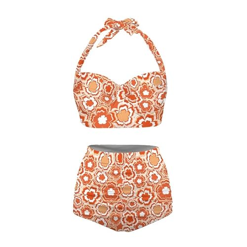 Jndtueit Butterfly Damen Retro Rüschen Hohe Taille Bikini Set Flagge Tankini Badeanzüge Bauchweg Bademode, Orangefarbene Blume, Medium von Jndtueit