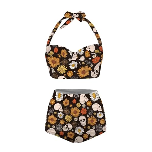 Jndtueit Butterfly Damen Retro Rüschen Hohe Taille Bikini Set Flagge Tankini Badeanzüge Bauchweg Bademode, Retro-/Gothic-Totenkopf, XL von Jndtueit