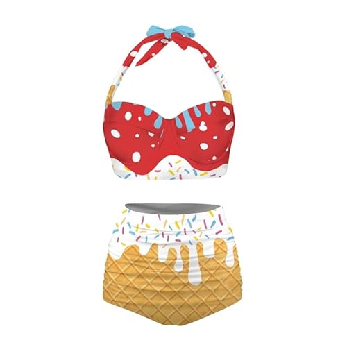 Jndtueit Butterfly Damen Retro Rüschen Hohe Taille Bikini Set Flagge Tankini Badeanzüge Bauchweg Bademode, Rotes Eis, Large von Jndtueit