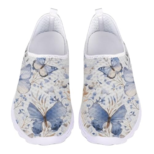 Jndtueit Butterfly-Walking-Loafer für Damen, Tennisschuhe, rutschfest, Lauf-Sneaker, Blau-goldener Schmetterling, 36 EU von Jndtueit