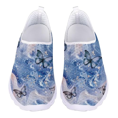 Jndtueit Butterfly-Walking-Loafer für Damen, Tennisschuhe, rutschfest, Lauf-Sneaker, Butterfly Blue Marble, 37 EU von Jndtueit
