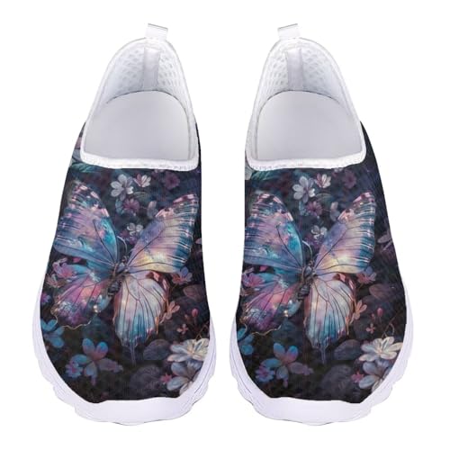 Jndtueit Butterfly-Walking-Loafer für Damen, Tennisschuhe, rutschfest, Lauf-Sneaker, Butterfly Floral Blue Art, 37 EU von Jndtueit