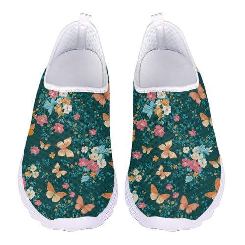Jndtueit Butterfly-Walking-Loafer für Damen, Tennisschuhe, rutschfest, Lauf-Sneaker, Schmetterlings-grüne Blume, 43 EU von Jndtueit