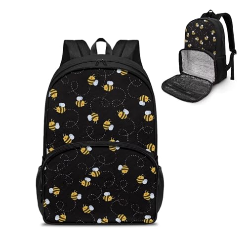 Jndtueit Cool Ball Kinder-Lunch-Rucksack, Mittelschulrucksack für Jungen, All-in-One-Rucksack und Lunchtasche für Schule/Reisen, Biene, L von Jndtueit