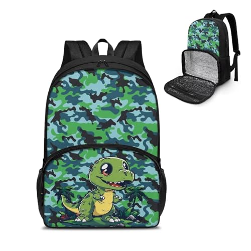 Jndtueit Cool Ball Kinder-Lunch-Rucksack, Mittelschulrucksack für Jungen, All-in-One-Rucksack und Lunchtasche für Schule/Reisen, Cartoon Dinosaurier, L von Jndtueit