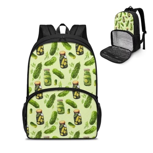 Jndtueit Cool Ball Kinder-Lunch-Rucksack, Mittelschulrucksack für Jungen, All-in-One-Rucksack und Lunchtasche für Schule/Reisen, Essiggurken, L von Jndtueit