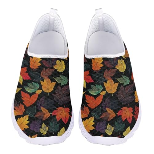 Jndtueit Damen Arbeitsschuhe mit Blumenmuster, Netzstoff, Sport, Tennis, Loafer, Lauf-Sneaker, Buntes Ahornblatt, schwarz, 41 EU von Jndtueit