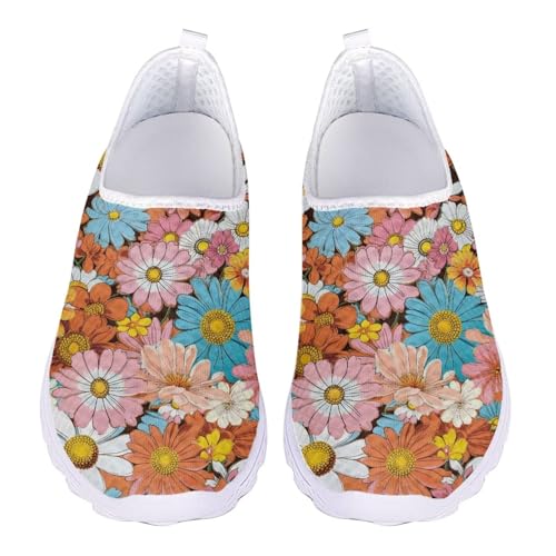 Jndtueit Damen Arbeitsschuhe mit Blumenmuster, Netzstoff, Sport, Tennis, Loafer, Lauf-Sneaker, Buntes Gänseblümchen-Orange, 43 EU von Jndtueit