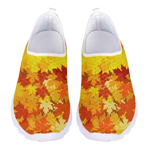 Jndtueit Damen Arbeitsschuhe mit Blumenmuster, Netzstoff, Sport, Tennis, Loafer, Lauf-Sneaker, Fall Maple Leaf Gold Red, 38 EU von Jndtueit
