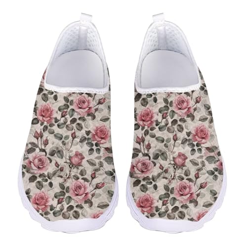 Jndtueit Damen Arbeitsschuhe mit Blumenmuster, Netzstoff, Sport, Tennis, Loafer, Lauf-Sneaker, Retro Rose, 42 EU von Jndtueit