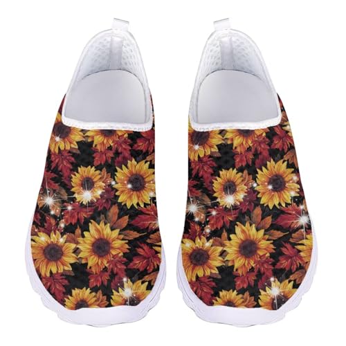 Jndtueit Damen Arbeitsschuhe mit Blumenmuster, Netzstoff, Sport, Tennis, Loafer, Lauf-Sneaker, Sonnenblumen-rotes Ahornblatt, 37 EU von Jndtueit
