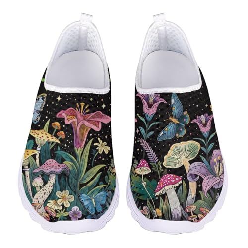 Jndtueit Damen-Arbeitsslipper aus weichem Netzstoff, flache Schuhe für Reisen, Cartoon Schmetterling Pilz Black Galaxy, 40 EU von Jndtueit