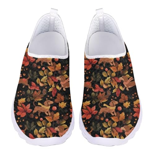 Jndtueit Damen-Arbeitsslipper aus weichem Netzstoff, flache Schuhe für Reisen, Fall Dackel Hund Ahornblätter, 37 EU von Jndtueit