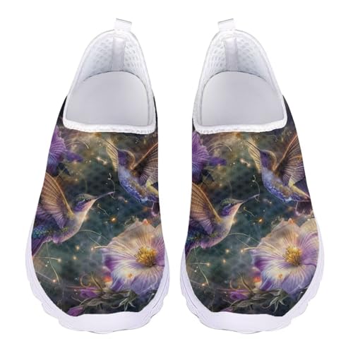 Jndtueit Damen-Arbeitsslipper aus weichem Netzstoff, flache Schuhe für Reisen, Kolibri-Blumenmuster, 39 EU von Jndtueit