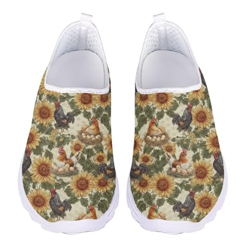 Jndtueit Damen-Arbeitsslipper aus weichem Netzstoff, flache Schuhe für Reisen, Retro Chicken Sunflower Gold, 40 EU von Jndtueit