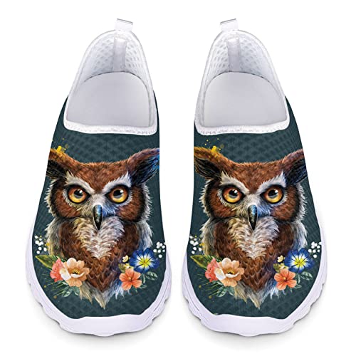 Jndtueit Damen Atmungsaktive Laufschuhe Leichte Air Mesh Walking Sneakers Slip on Sommer Trainer Tennis,Animal Owl Floral von Jndtueit