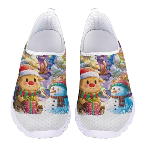 Jndtueit Damen Freizeit Loafers Mesh Walking Schuhe Übung Sneaker für jedes Wetter, Cartoon Hirsch Schneemann Blau, 36 EU von Jndtueit