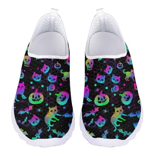 Jndtueit Damen Freizeit Loafers Mesh Walking Schuhe Übung Sneaker für jedes Wetter, Cat Pumpkin Bat Blau, 43 EU von Jndtueit