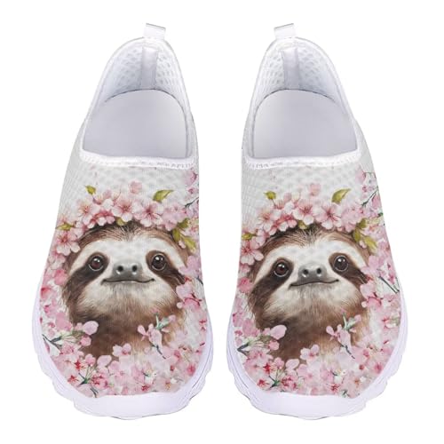 Jndtueit Damen Freizeit Loafers Mesh Walking Schuhe Übung Sneaker für jedes Wetter, Faultier Kirschblüte Blume, 44 EU von Jndtueit