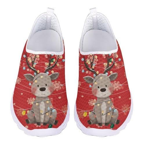 Jndtueit Damen Freizeit Loafers Mesh Walking Schuhe Übung Sneaker für jedes Wetter, Hirsch Schneeflocke rot, 40 EU von Jndtueit