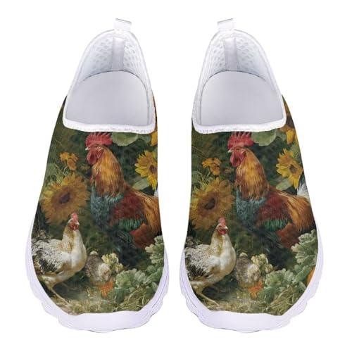 Jndtueit Damen Freizeit Loafers Mesh Walking Schuhe Übung Sneaker für jedes Wetter, Retro Chicken Rooster Green, 38 EU von Jndtueit