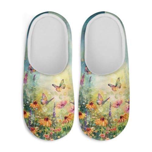Jndtueit Damen Hausschuhe Schmetterling Winter Pelzige Hausschuhe Flats Slip-on Indoor Haus Schuhe Warm Schlafzimmer Slipper, Aquarell, Schmetterling, Sonnenblume, Grün, 39.5/40.5 EU von Jndtueit
