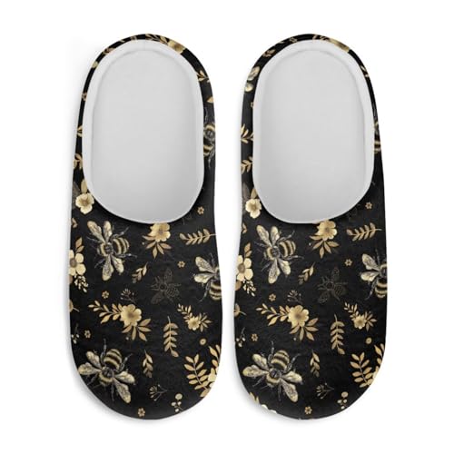 Jndtueit Damen Hausschuhe Schmetterling Winter Pelzige Hausschuhe Flats Slip-on Indoor Haus Schuhe Warm Schlafzimmer Slipper, Bee Gold Floral Black, 34/36 EU von Jndtueit