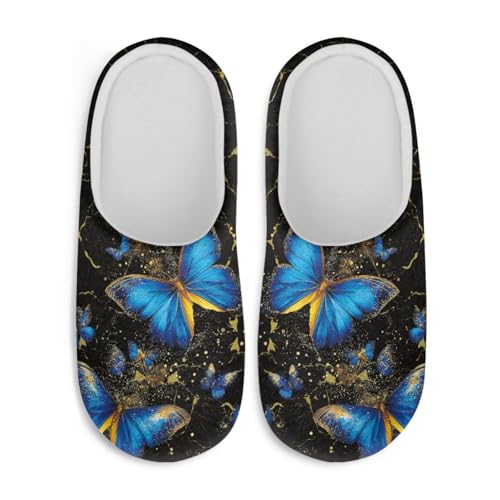 Jndtueit Damen Hausschuhe Schmetterling Winter Pelzige Hausschuhe Flats Slip-on Indoor Haus Schuhe Warm Schlafzimmer Slipper, Blau-goldener Schmetterling, 38/39 EU von Jndtueit