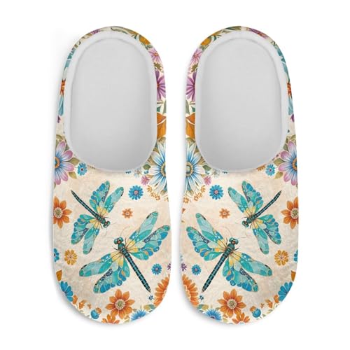 Jndtueit Damen Hausschuhe Schmetterling Winter Pelzige Hausschuhe Flats Slip-on Indoor Haus Schuhe Warm Schlafzimmer Slipper, Blaue Libellen-Gänseblümchen, 42.5/43.5 EU von Jndtueit