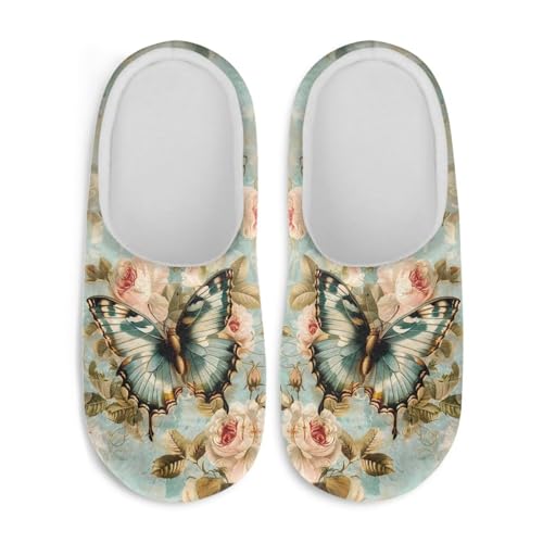 Jndtueit Damen Hausschuhe Schmetterling Winter Pelzige Hausschuhe Flats Slip-on Indoor Haus Schuhe Warm Schlafzimmer Slipper, Blaue Schmetterlingsrose, 39.5/40.5 EU von Jndtueit