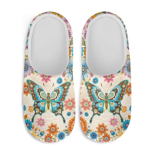 Jndtueit Damen Hausschuhe Schmetterling Winter Pelzige Hausschuhe Flats Slip-on Indoor Haus Schuhe Warm Schlafzimmer Slipper, Blauer Schmetterling, orangefarbenes Blumenmuster, 36.5/37.5 EU von Jndtueit