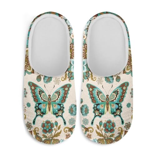 Jndtueit Damen Hausschuhe Schmetterling Winter Pelzige Hausschuhe Flats Slip-on Indoor Haus Schuhe Warm Schlafzimmer Slipper, Grüne Schmetterlingsblume, 38/39 EU von Jndtueit