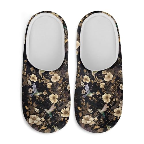 Jndtueit Damen Hausschuhe Schmetterling Winter Pelzige Hausschuhe Flats Slip-on Indoor Haus Schuhe Warm Schlafzimmer Slipper, Kolibri Gold Floral, 36.5/37.5 EU von Jndtueit