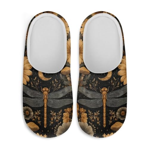 Jndtueit Damen Hausschuhe Schmetterling Winter Pelzige Hausschuhe Flats Slip-on Indoor Haus Schuhe Warm Schlafzimmer Slipper, Libelle, goldfarbene Sonnenblume, 36.5/37.5 EU von Jndtueit