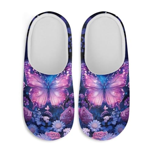 Jndtueit Damen Hausschuhe Schmetterling Winter Pelzige Hausschuhe Flats Slip-on Indoor Haus Schuhe Warm Schlafzimmer Slipper, Lila Schmetterling Rose Gänseblümchen, 42.5/43.5 EU von Jndtueit