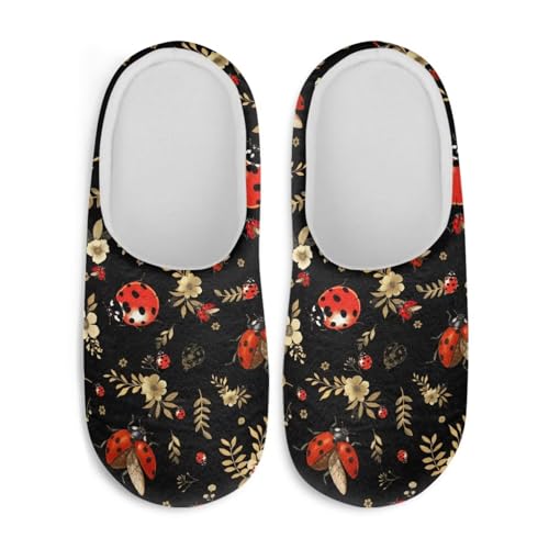 Jndtueit Damen Hausschuhe Schmetterling Winter Pelzige Hausschuhe Flats Slip-on Indoor Haus Schuhe Warm Schlafzimmer Slipper, Red Ladybug Floral Black, 41/42 EU von Jndtueit
