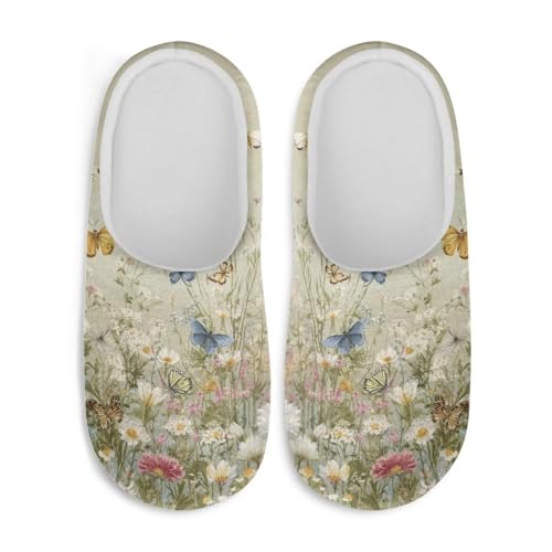 Jndtueit Damen Hausschuhe Schmetterling Winter Pelzige Hausschuhe Flats Slip-on Indoor Haus Schuhe Warm Schlafzimmer Slipper, Retro Butterfly Daisy Green, 42.5/43.5 EU von Jndtueit