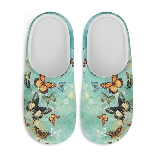 Jndtueit Damen Hausschuhe Schmetterling Winter Pelzige Hausschuhe Flats Slip-on Indoor Haus Schuhe Warm Schlafzimmer Slipper, Vintage Butterfly Blue, 39.5/40.5 EU von Jndtueit
