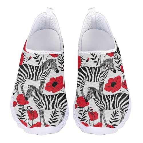 Jndtueit Damen Herren Arbeit Loafers Klassische Turnschuhe Schuhe Mesh Sport Sneaker, Black Zebra Red Poppy, 42 EU von Jndtueit