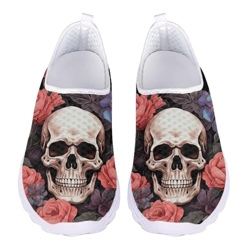 Jndtueit Damen Herren Arbeit Loafers Klassische Turnschuhe Schuhe Mesh Sport Sneaker, Gothic Skull Rose, 42 EU von Jndtueit