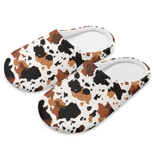 Jndtueit Damen Herren Pelzige Hausschuhe Hausschuhe Schlafzimmer Home Slipper für Winter, Brauner schwarzer Kuhdruck, Small von Jndtueit