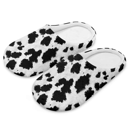 Jndtueit Damen Herren Pelzige Hausschuhe Hausschuhe Schlafzimmer Home Slipper für Winter, Schwarz-weißes Kuhhaut, Small von Jndtueit