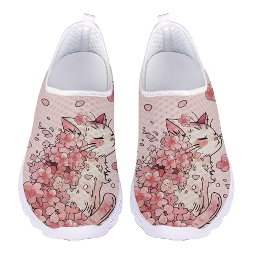Jndtueit Damen Herren Running Sneaker Walking Tennis Loafer Sport Outdoor Arbeitsschuhe, Katze Kirschblüte Blume, 44 EU von Jndtueit