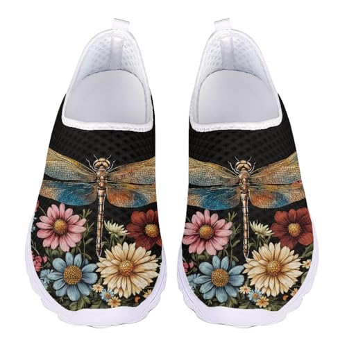 Jndtueit Damen Herren Running Sneaker Walking Tennis Loafer Sport Outdoor Arbeitsschuhe, Libelle, bunt, Blume, Schwarz, 36 EU von Jndtueit
