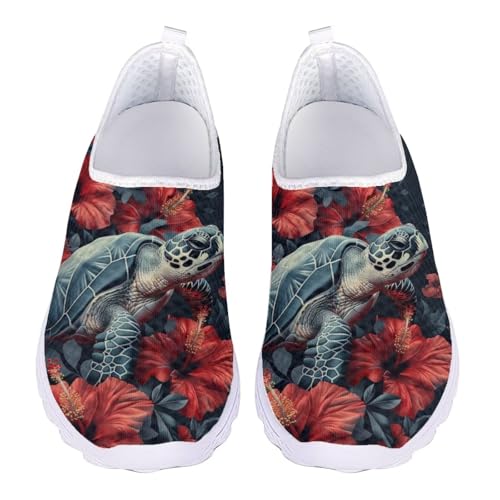 Jndtueit Damen Herren Walking Loafers Klassische Arbeit Sportschuhe Weite Zehen Sneaker, Blue Turtle Hibiscus, 38 EU von Jndtueit