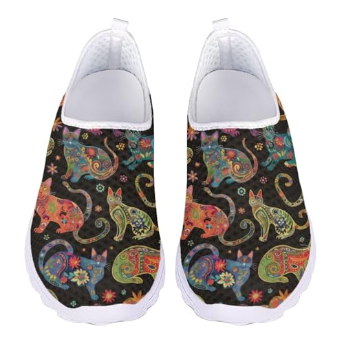 Jndtueit Damen Herren Walking Loafers Klassische Arbeit Sportschuhe Weite Zehen Sneaker, Boho Cat Flower Schwarz, 44 EU von Jndtueit