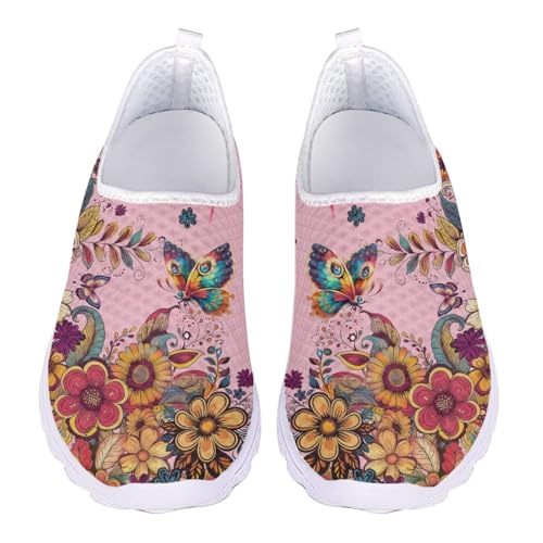 Jndtueit Damen-Lauf-Sneaker, lässig, Tennis, Loafer, atmungsaktiv, Walking-Arbeitsschuhe, Boho, Schmetterling, Blumen, 40 EU von Jndtueit