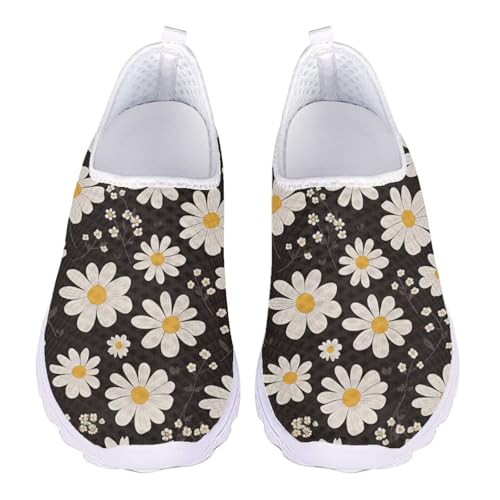Jndtueit Damen-Lauf-Sneaker, lässig, Tennis, Loafer, atmungsaktiv, Walking-Arbeitsschuhe, Gänseblümchen, Schwarz, 38 EU von Jndtueit