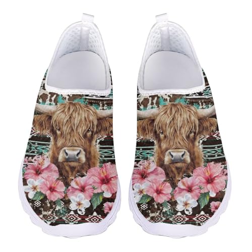 Jndtueit Damen-Lauf-Sneaker, lässig, Tennis, Loafer, atmungsaktiv, Walking-Arbeitsschuhe, Highland Cow Hibiscus Aztec Tribe Brown, 44 EU von Jndtueit