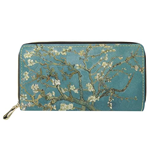 Jndtueit Damen Leder Geldbörse Lange Clutch Tasche Kreditkarte Geldbörse mit Reißverschluss, Van Gogh Mandelblüte, Einheitsgröße, Casual von Jndtueit